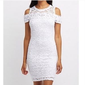 Ambiance White Lace Cold Shoulder Midi Dress wedding/ party dress
